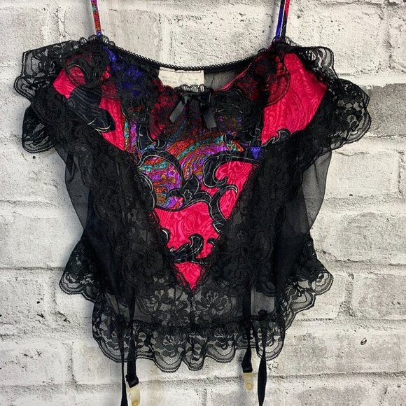 Vintage Lingerie Sheer Lace Mesh Cami Crop Top with Garter Suspenders - Picture 2 of 14